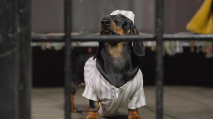 可爱的腊肠小狗穿着囚衣，戴着囚帽，站在囚室里，一扇格子门在它面前关上，关上。狗因行为不良或违反法律而