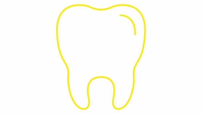 动画牙齿符号是逐渐绘制的。透明牙齿的线性黄色图标。牙科概念。循环视频。矢量插图孤立在白色背景上。