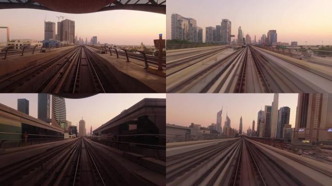 迪拜，阿联酋-10月10日，2022: 迪拜铁路地铁列车，未来博物馆和未来建筑背景。快速驾驶运动下的