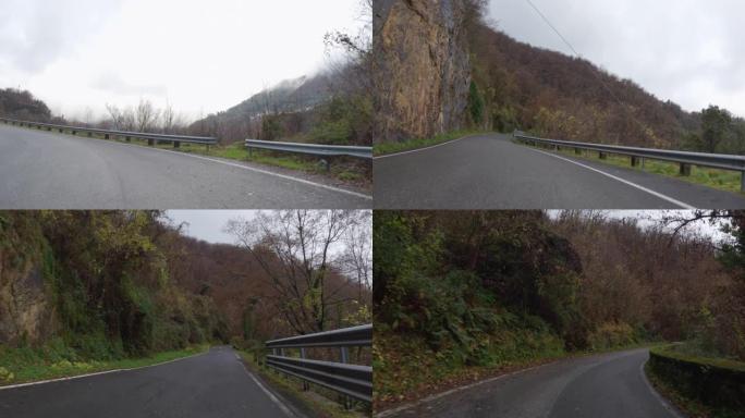 冬季景观中的POV汽车驾驶: 山口