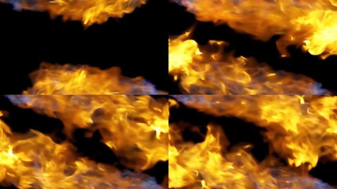 4k慢动作原始视频，对角火，爆炸，火爆炸，在黑色背景上隔离的炽热流射流。