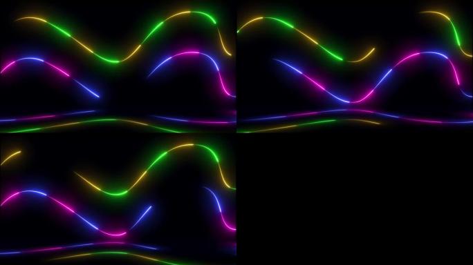 黑色背景上的霓虹灯线波。抽象的未来霓虹灯线背景。抽象彩色发光霓虹灯线动画背景