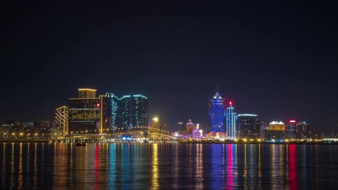 夜间照明著名的澳门城市湾全景延时4k中国