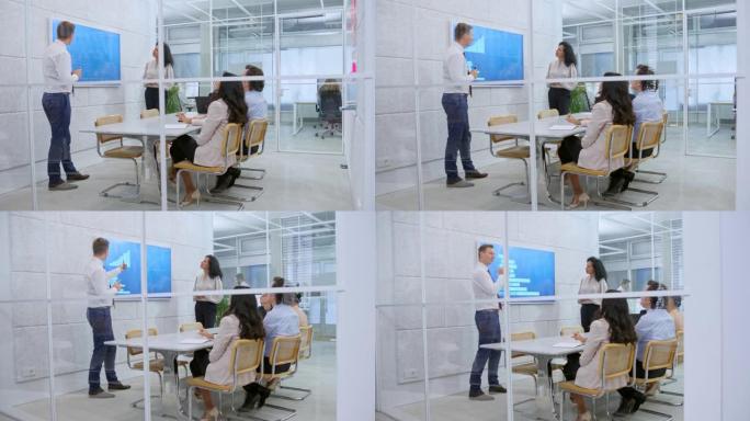 在会议室里，一男一女在为一个团队做图形业务演示