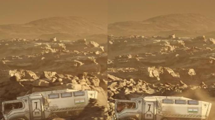 火星行星的太空殖民。带有印度国旗的火星探测器探索行星表面垂直视频