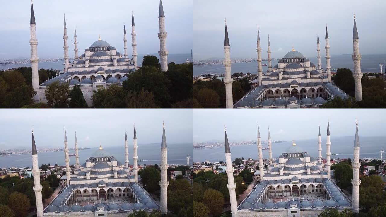 土耳其伊斯坦布尔蓝色清真寺日落时的鸟瞰图