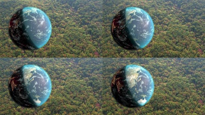 浅蓝色的地球仪在秋天的森林背景下从黑夜到白天旋转。计算机图形学