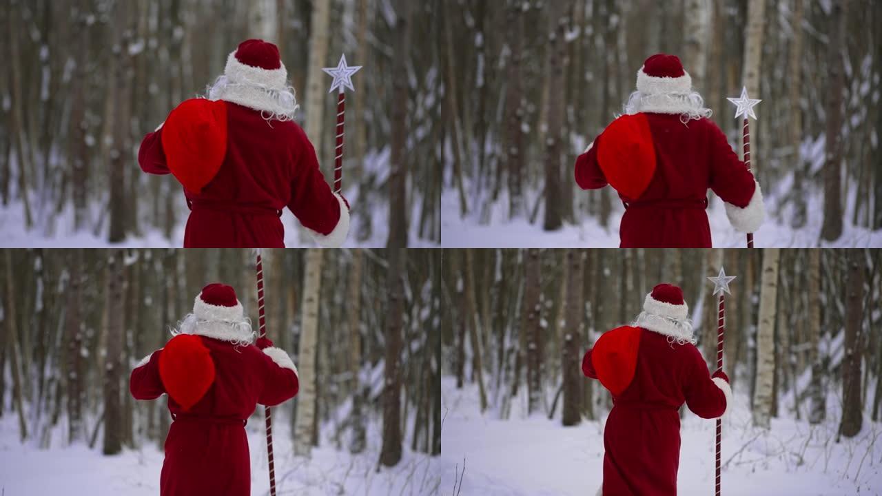 圣诞老人与魔法杖和袋圣诞礼物在雪林。后视图。