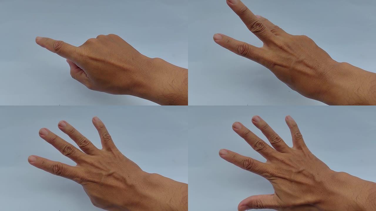 镜头男子在孤立的白色背景下用手指从1到5计算秒数