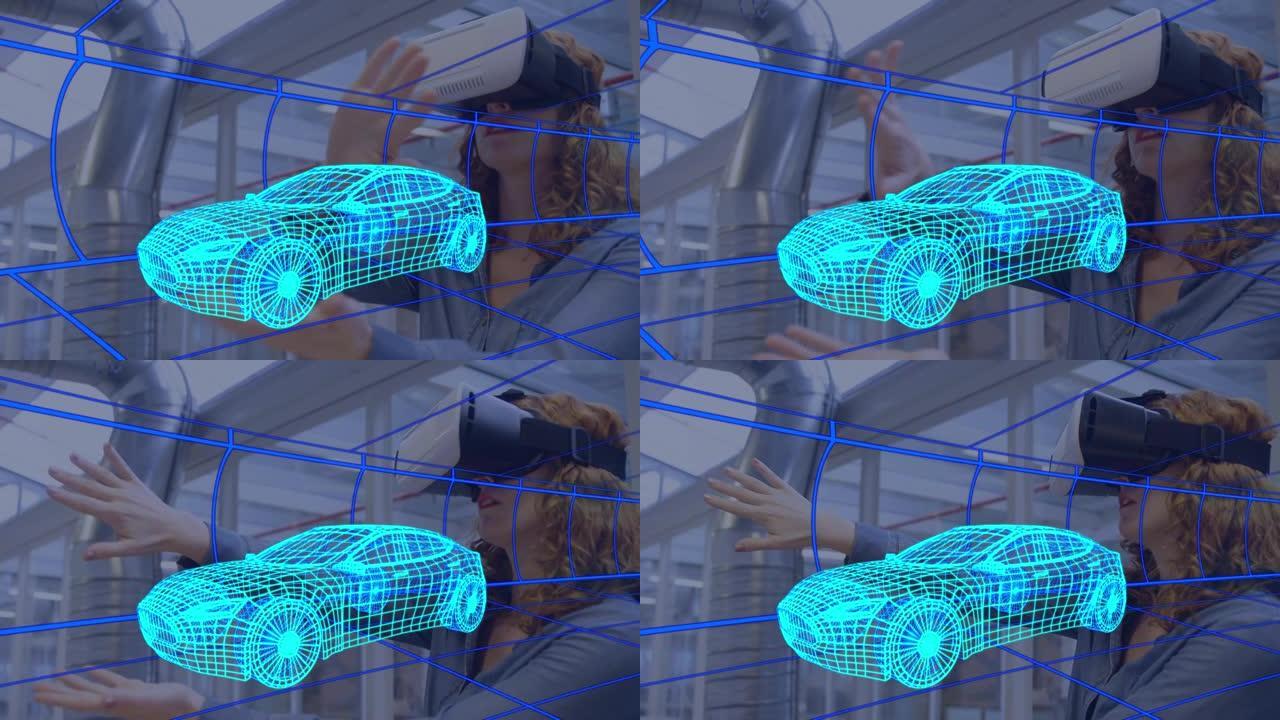 使用vr耳机的女性汽车数字3d绘图动画