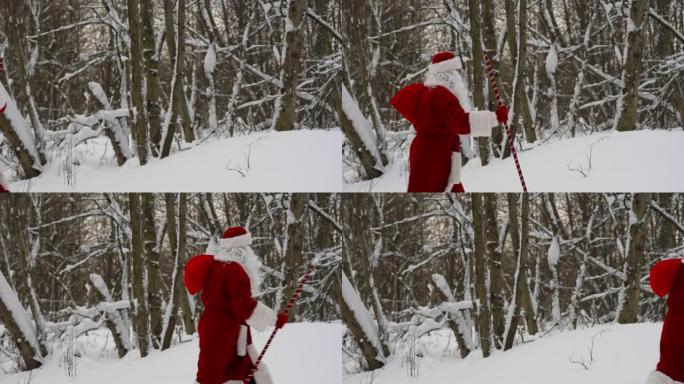 圣诞老人带着魔法杖和一袋圣诞礼物走在雪林里。