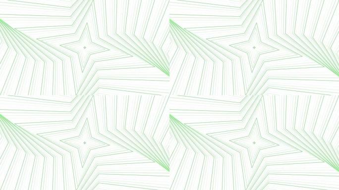 白色背景循环上的绿色纤细自旋四角星简单平坦几何。星光灿烂的旋转电波无尽的创意动画。旋转星星无缝运动图