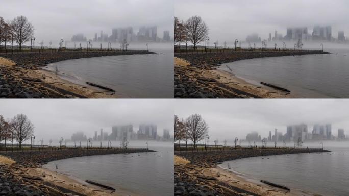 清晨，麦克斯韦广场公园在哈德逊河一侧的曼哈顿中城大雾笼罩