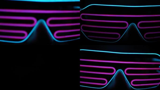 霓虹灯虚拟眼镜中的男人的肖像晚上在metaverse的迪斯科舞厅跳舞