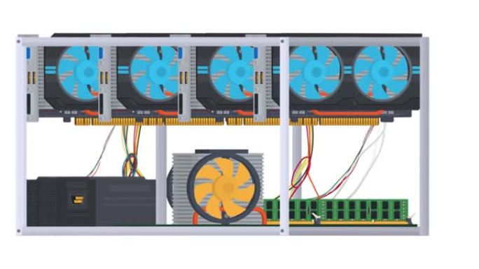 采矿农场。加密货币挖掘视频卡的动画。卡通