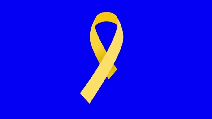 4K黄色哀悼丝带股票动画。慢动作黄色癌症意识视频。蓝屏色度键控。