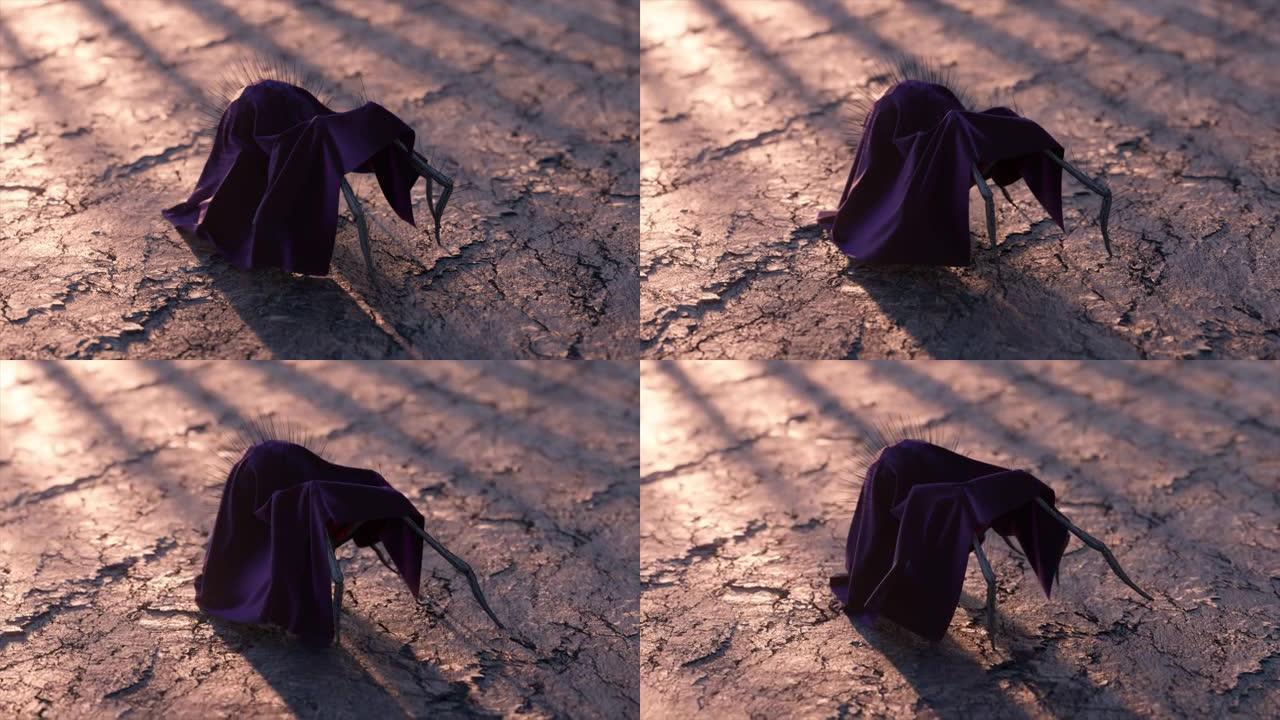伪装的概念。穿着衣服的黑色karakurt在干燥的地面上行走。黑紫色地幔。虫。3d动画