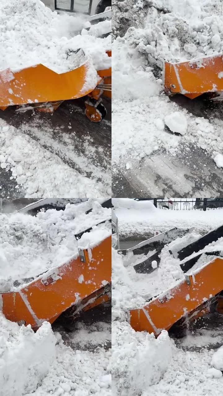 挖掘机，一辆汽车在城市街道上清理积雪
