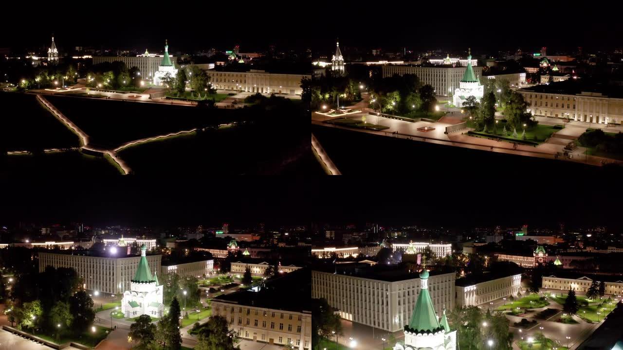 下诺夫哥罗德，堤防。夜间城市的历史部分。鸟瞰图。