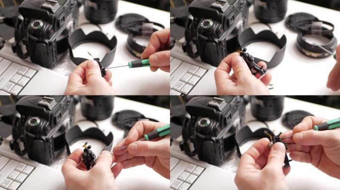 男子修理相机镜头、自动对焦电机、工具。螺栓螺钉