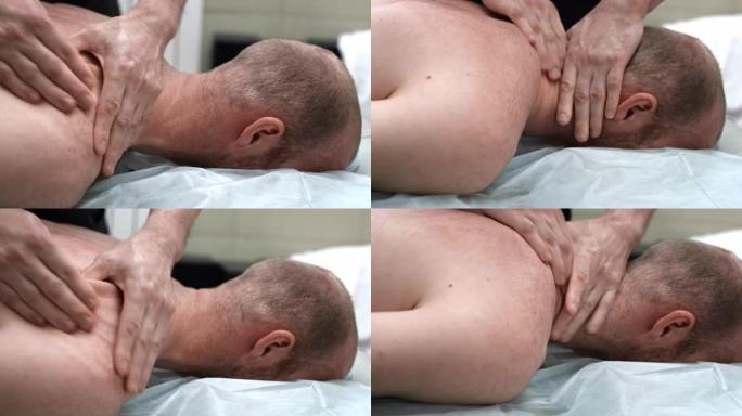 男性按摩师为男性患者做放松和治疗性颈部按摩。训练和运动后的手工疗法。