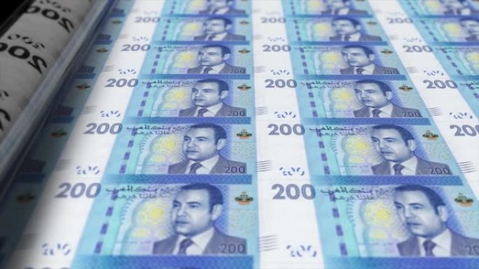 Mororcco，摩洛哥迪拉姆印刷机打印出当前200宽扎钞票，无缝循环，摩洛哥货币背景，4K，聚焦深