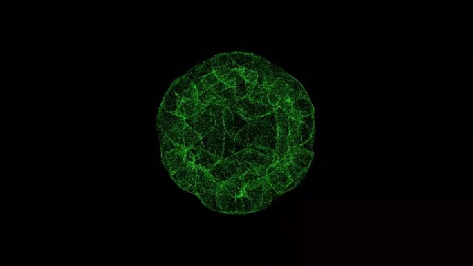 3D抽象外星球体在黑色背景上旋转。由绿色闪烁粒子组成的物体60 FPS。科学概念。标题、演示文稿的抽