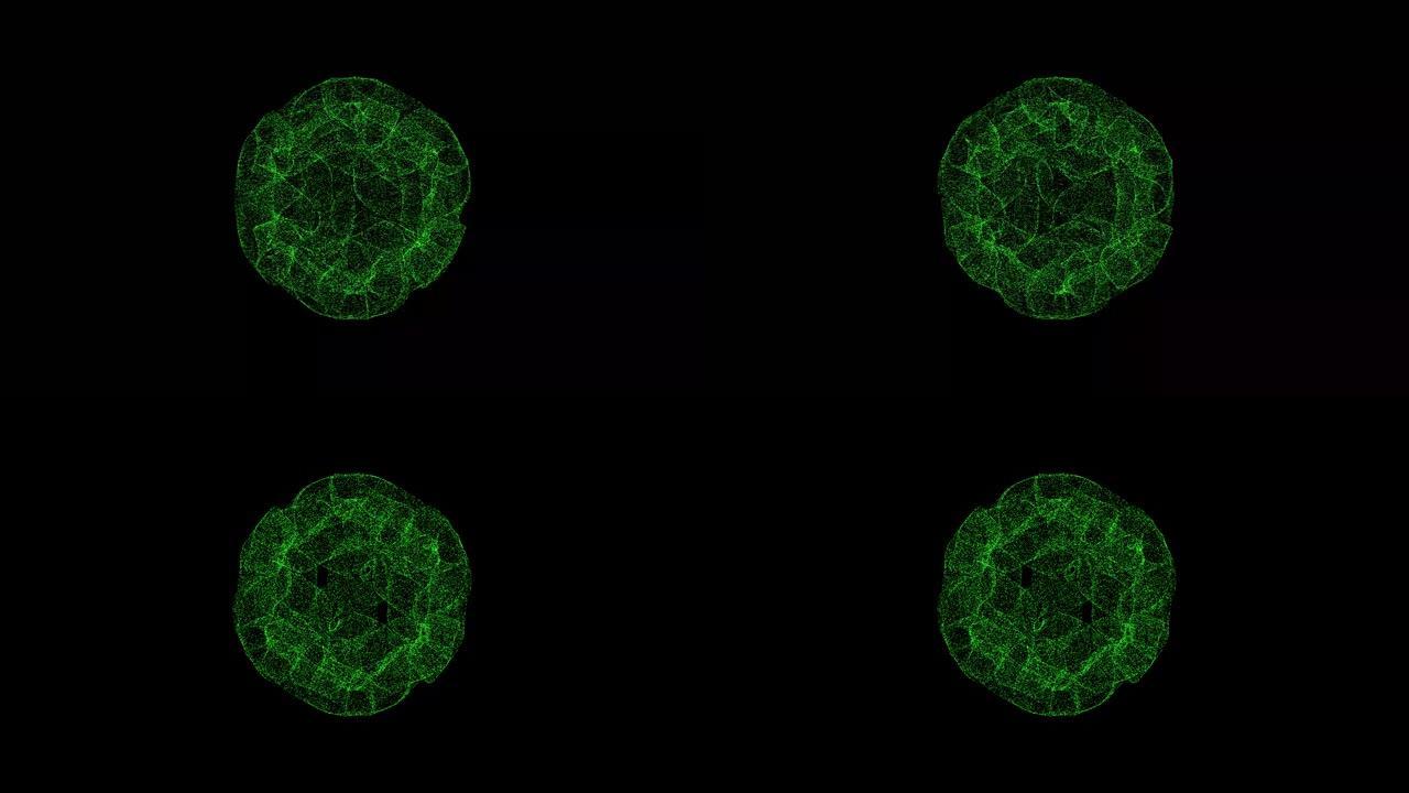 3D抽象外星球体在黑色背景上旋转。由绿色闪烁粒子组成的物体60 FPS。科学概念。标题、演示文稿的抽