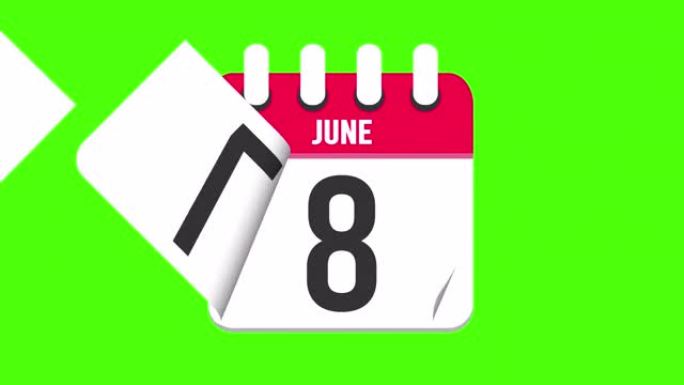 6月11日。日历出现，页面下降到6月11日。绿色背景，色度键 (4k循环)