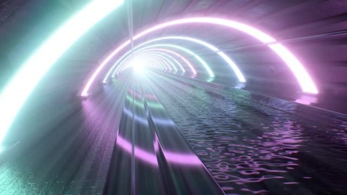 黑暗地下霓虹灯隧道拱圈在闪烁的水中发光-4k无缝VJ循环运动背景动画