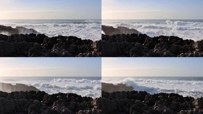 葡萄牙卡斯凯什附近有非常强烈的海浪和岩石悬崖的大西洋特写镜头