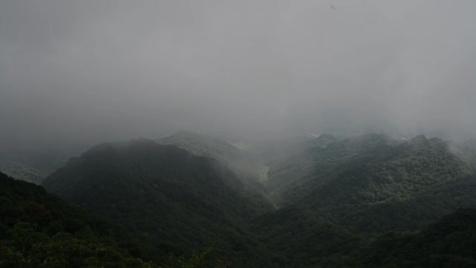 雾在阴天在山谷之间流动，从山顶拍摄，在基隆市，台湾。