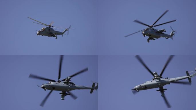 攻击直升机示范飞行。最新的俄罗斯全天候攻击直升机，慢动作100 fps