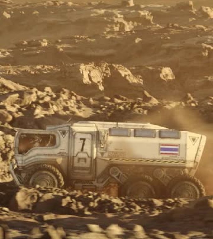 火星行星的太空殖民。带有泰国国旗的火星探测器探索行星表面垂直视频