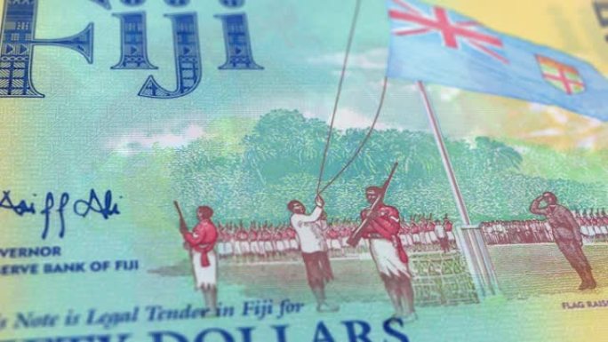 斐济斐济美元50纸币，五十斐济美元，斐济美元的特写和宏观视图，跟踪和多莉拍摄50斐济美元纸币观察和储