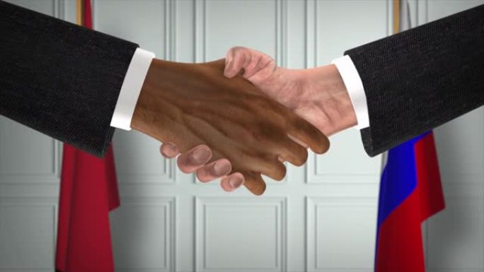 摩洛哥与俄罗斯协议握手，政治说明。正式会议或合作，商务见面。商人和政客握手