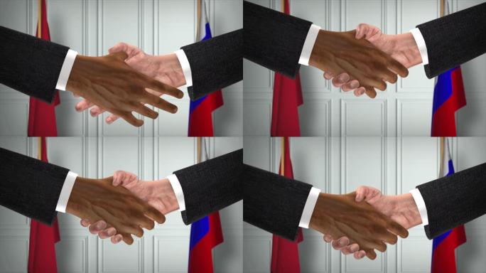 摩洛哥与俄罗斯协议握手，政治说明。正式会议或合作，商务见面。商人和政客握手