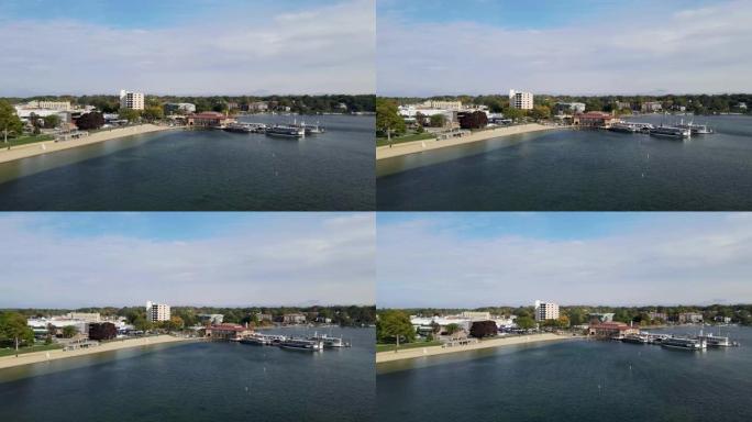 无人机拍摄了威斯康星州日内瓦湖的公共海滩和邮船