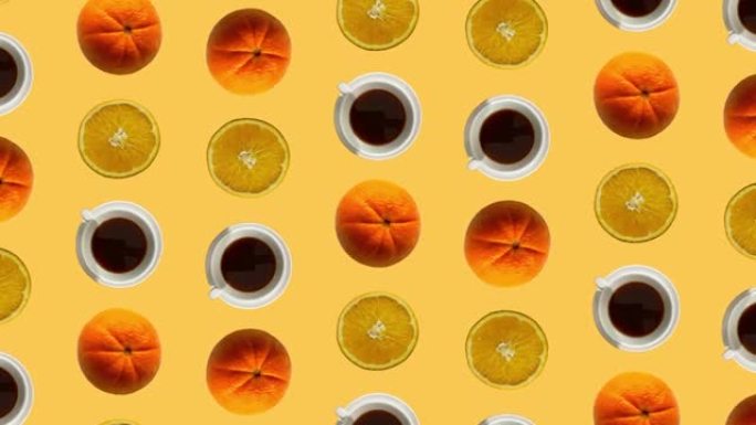 动画橙色和Cofee杯图案背景股票视频。醒目的橙色图案。无论您是在制作商业、音乐视频还是社交媒体内容