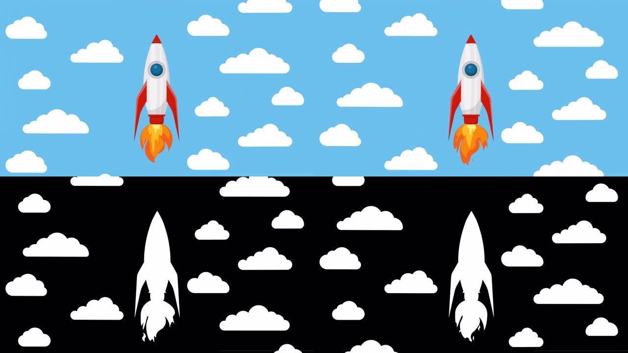 宇宙飞船在蓝色背景上飞，云彩。4k动画，可选阿尔法亮度哑光。循环动画