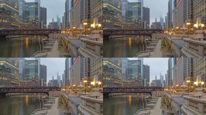 清晨芝加哥威尔斯街大桥的延时视频