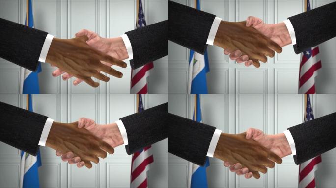 尼加拉瓜和美国商业伙伴关系协议。国家政府旗帜。官方外交握手说明动画。协议商人握手