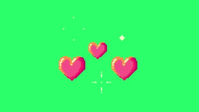 动画粉色心形孤立在绿色背景上。