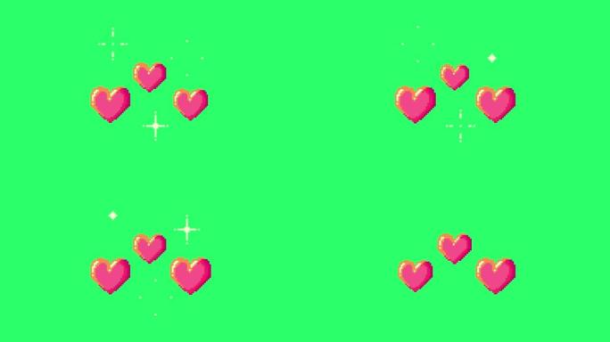 动画粉色心形孤立在绿色背景上。