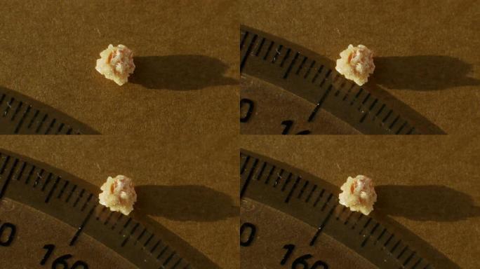 俯视图草酸盐结石从人体肾脏特写，用尺子测量结石的大小。人肾脏4毫米中的磷酸盐或尿酸盐结石。石头手术后