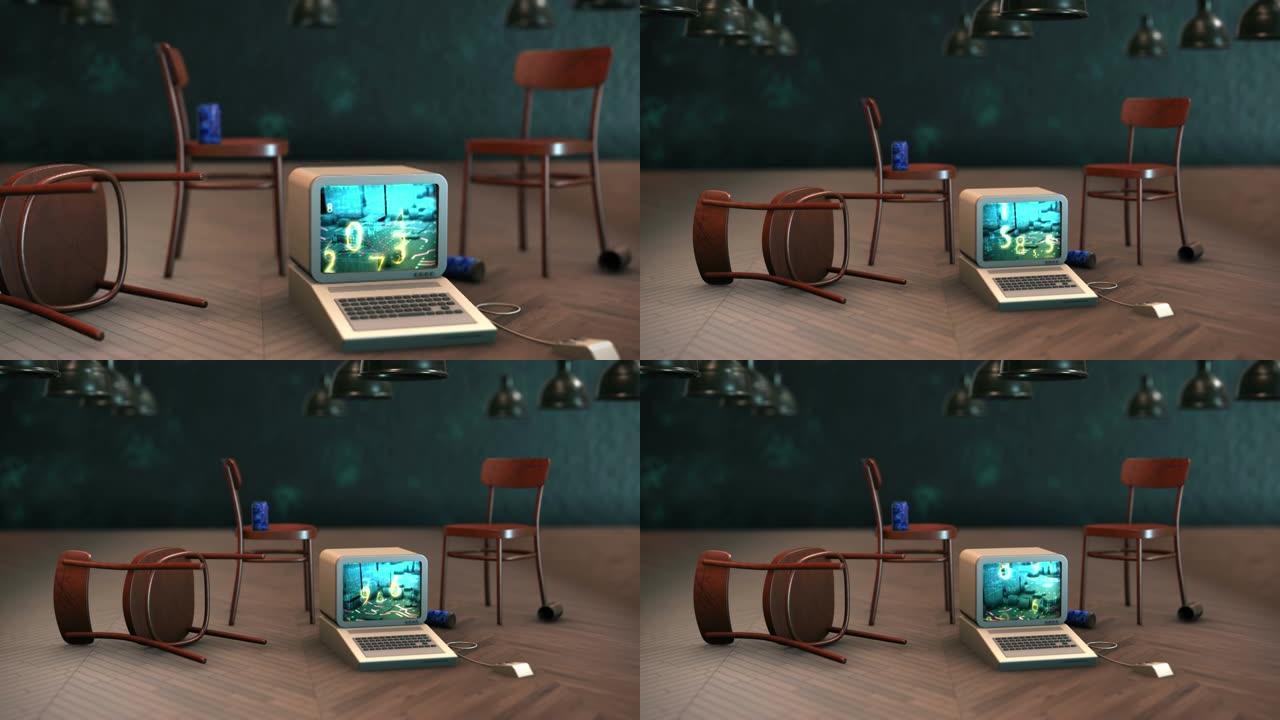 复古电脑80年代技术后局域网派对。3D视频4K UHD怀旧概念动画专注于旧电脑显示器。