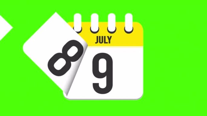 7月13日。日历出现，页面下降到7月13日。绿色背景，色度键 (4k循环)