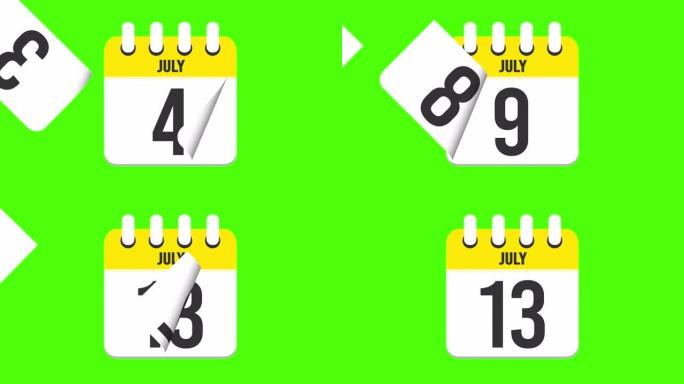 7月13日。日历出现，页面下降到7月13日。绿色背景，色度键 (4k循环)