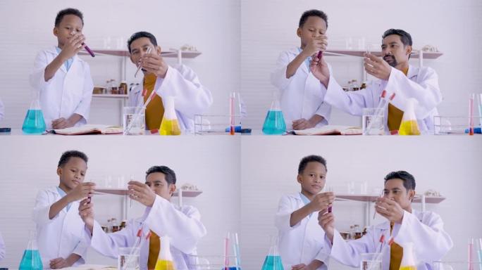 4K，科学老师，教学男生，科学实验，通过看彩色水玻璃管，男孩的手是紫水玻璃管，老师的手拿着白水玻璃管
