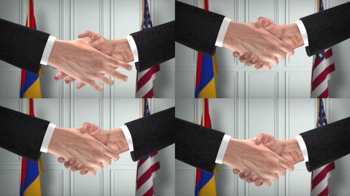 亚美尼亚和美国合作伙伴商业协议。国家政府旗帜。官方外交握手说明动画。协议商人握手